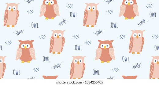 Seamless pattern with colorful owls on light blue background. Vector