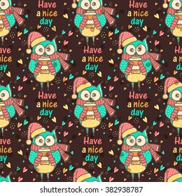 Seamless pattern of colorful owls on a dark background