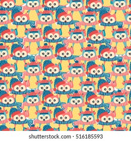 Seamless pattern of colorful owls on a white background