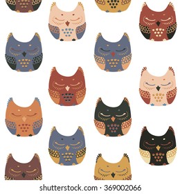 Seamless pattern with colorful owls. Set of owls. Hand drawn colorful Vector illustration.