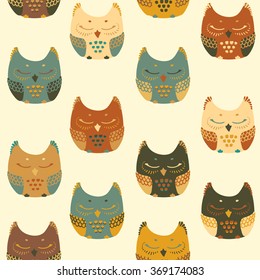 Seamless pattern with colorful owls. Set of owls. Hand drawn colorful Vector illustration.