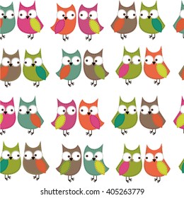 Seamless pattern with colorful owls. Vector illustration.