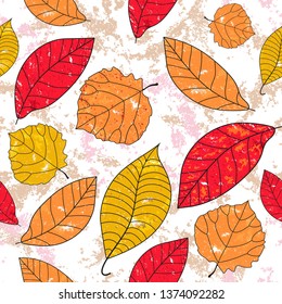 Seamless pattern with colorful painted autumn leaves in grunge style on a transparent background. Vector image. Eps 8