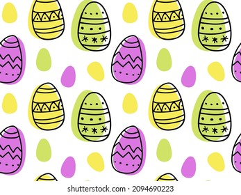 Seamless pattern with colorful painted easter eggs. Hand drawn decorated eggs sketch repeated background for wallpaper, wrapping, packing, textile, scrapbooking. Freehand drawn egg background.