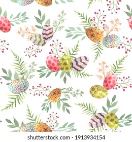 Seamless pattern with colorful painted eggs and flowers in watercolor. Happy easter background. Spring symbol. Vector illustration