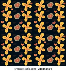 Seamless pattern of colorful painted flowers on a dark background. Vector illustration.