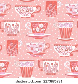 Seamless pattern with colorful painted tea cups for textile design. Kitchen decorative background in bright colors. Hand-drawn trendy vector illustration with mugs and flowers.