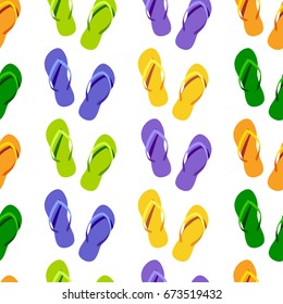 Seamless pattern of colorful pair of flip flop isolated on white background. Top view.