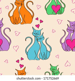 Seamless pattern with colorful pair of lovers cats