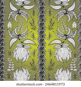 Seamless pattern with colorful paisley, black, yellow and white flowers and decorative elements. Vector illustration. Vintage retro style. For print on fabric, textiles, wallpaper. Seamless background