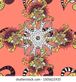 Seamless pattern with colorful paisley, white, pink and black flowers and decorative elements. For print on fabric, textiles, wallpaper. Seamless background. Vintage retro style. Vector illustration.
