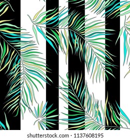 Seamless pattern with colorful palm leaves. Tropical background. Summer textile print with black and white stripes