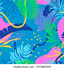 Seamless pattern with colorful palm leaves, abstract shapes. Bright colors. Exotic, tropic endless background.