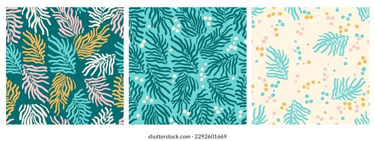 Seamless pattern with colorful palm leaves and dots. Set of summer floral patterns. Botanical print. Hand painted in blue, pink and yellow colors. Vector.