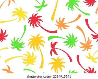 Seamless pattern with colorful palm trees on a white background. Summer time, wallpaper with tropical palm trees pattern. Design for printing t-shirt, banner and promotional item. Vector illustration