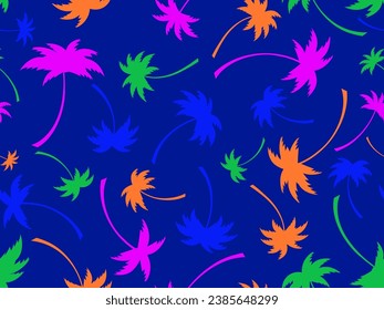Patrón sin foco con palmeras coloridas. Tiempo de verano, fondo de pared con motivos de palmeras tropicales. Diseño para imprimir camisetas, pancartas y artículos promocionales. Ilustración del vector