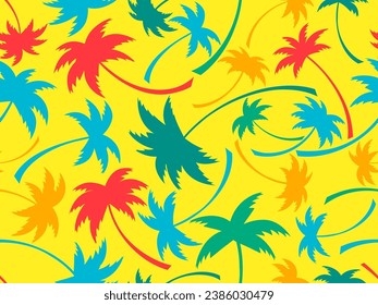 Seamless pattern with colorful palm trees. Summer time, wallpaper with tropical palm trees pattern. Design for printing t-shirts, banners and promotional items. Vector illustration