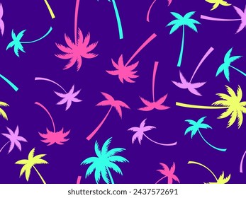 Seamless pattern with colorful palm trees. Summer time, wallpaper with tropical palm trees pattern. Design for printing t-shirts, banners and promotional items. Vector illustration