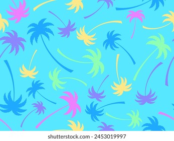 Seamless pattern with colorful palm trees. Summer time, wallpaper with tropical palm trees pattern. Design for printing t-shirts, banners and promotional items. Vector illustration