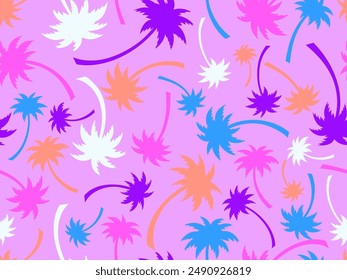 Seamless pattern with colorful palm trees. Summer time, wallpaper with tropical palm trees pattern. Design for printing t-shirts, banners and promotional items. Vector illustration