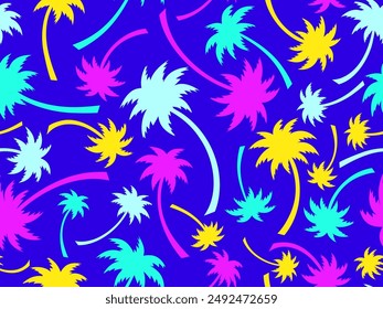 Seamless pattern with colorful palm trees. Summer time, wallpaper with tropical palm trees pattern. Design for printing t-shirts, banners and promotional items. Vector illustration