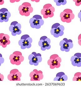 Seamless pattern with colorful pansies. Botanical vector flat background with pansy flower buds. Floral wallpaper for textile, fabric design, fashion and other surfaces