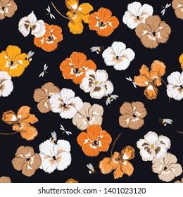 Seamless pattern with colorful pansy flowers in the garden wu=ith bumble bees and dragonfly in vector illustration design dor fashion ,fabric,web,wallpaper,and all prints on black