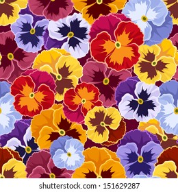 Seamless pattern with colorful pansy flowers. Vector illustration.