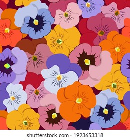 Seamless pattern with colorful pansy flowers. Vector illustration. For decoration textile, packaging, cover.