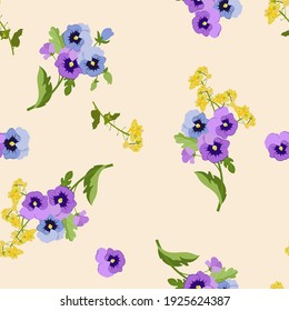 Seamless pattern with colorful pansy flowers on a beige background. Vector illustration. For decoration textile, packaging, cover.