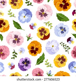Seamless pattern with colorful pansy flowers and green leaves on a white background. Vector illustration.