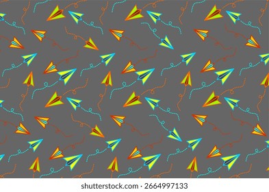 Seamless pattern colorful paper airplanes flying. Paper airplane with dotted path vector set. Flying paper airplane with dotted air route. Paper airplane icon set. Flying airplane set collection.