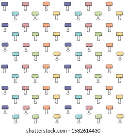 Seamless pattern with colorful paper clips isolated on white background. Hand drawn simple office supplies doodle clipart. Vector illustration for fabric, textile, scrapbook, gift wrapping paper.