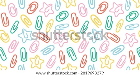 Seamless pattern with colorful paper clips. Perfect for back to school projects, stationery, and office supplies designs. Flat vector illustration