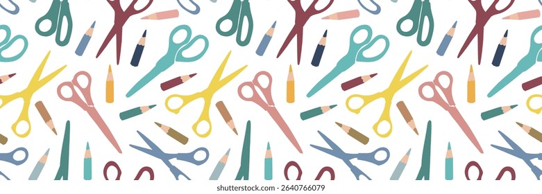Seamless pattern of colorful paper scissors and colored pencils for drawing. Vector background of school supplies for educational materials and Back to school theme.