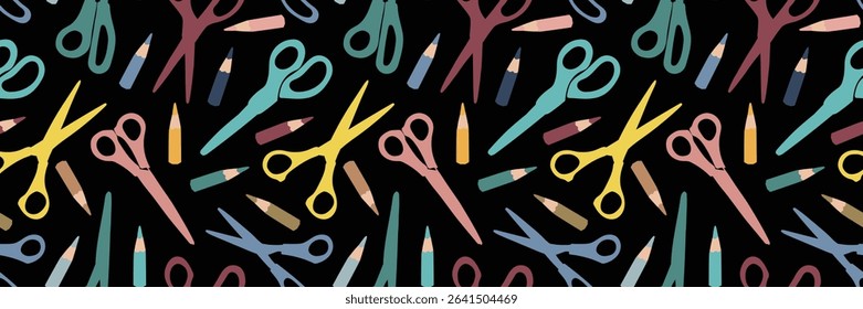 Seamless pattern of colorful paper scissors and colored pencils for drawing. Vector background of school supplies for educational materials and Back to school theme.