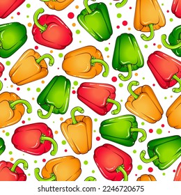 Seamless pattern with colorful paprika pepper vegetables. Vector cartoon illustration isolated on white. Red, yellow, green bell pepper. Design for textile, wallpapers, home decoration, wrapping paper