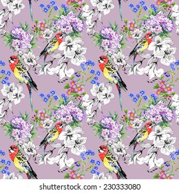 Seamless pattern with colorful parrots and flowers on violet background vector illustration