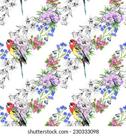 Seamless pattern with colorful parrots and flowers on white background vector illustration