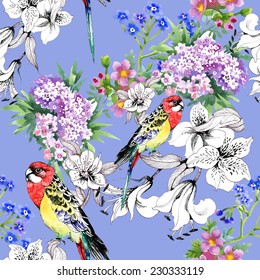 Seamless pattern with colorful parrots and flowers on blue background vector illustration