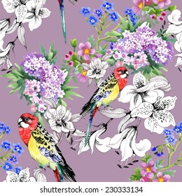 Seamless pattern with colorful parrots and flowers on violet background vector illustration