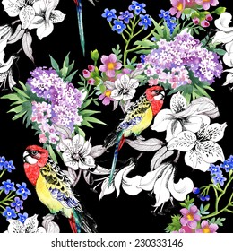 Seamless pattern with colorful parrots and flowers on black background vector illustration