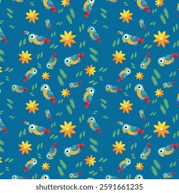 Seamless Pattern with Colorful Parrots, Flowers, and Leaves on Blue Background