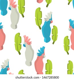 Seamless pattern with colorful parrots with leaves in isometric style
