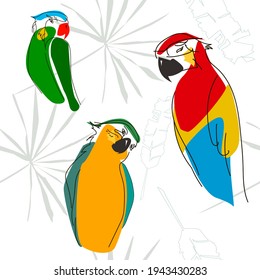 patrón transparente de loros coloridos sobre un fondo de hojas tropicales