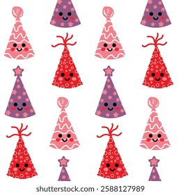 Seamless Pattern of Colorful Party Hats with Faces and Decorations. A fun and playful seamless pattern featuring happy party hats with vibrant colors and decorative designs, perfect for festive, cheer