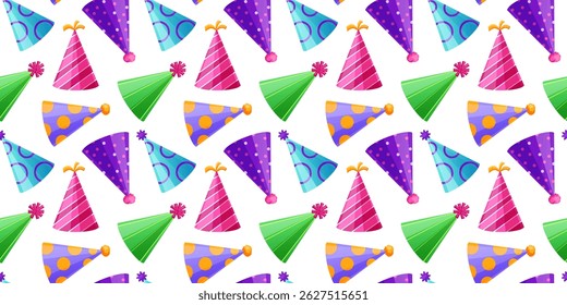 Seamless pattern with colorful party hats in various styles. Perfect for birthday cards, wrapping paper, festive decorations, kids’ parties, and celebration-themed designs.