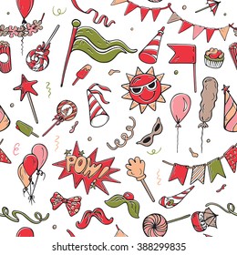 Seamless pattern of colorful party objects hand drawn on white background. Vector illustration in outline style