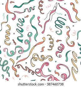 Seamless pattern of colorful party serpentine hand drawn on white background. Vector illustration in outline style