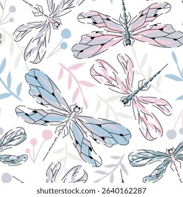 Seamless pattern with colorful pastel  detailed blue and pink dragonflies, with leaves and flowers on white background. Could be used as print for textile, wallpaper, card, texture. 